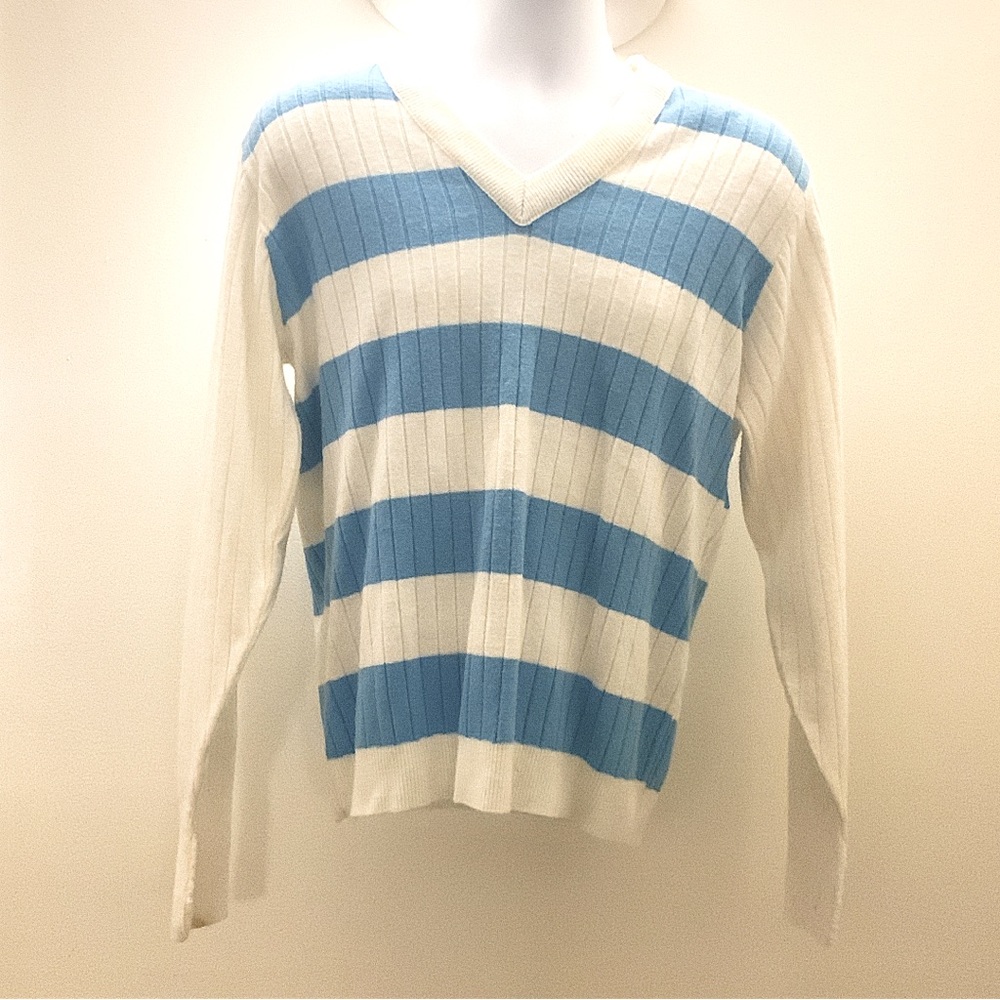 Vintage Striped Blue and white v-neck sweater by Izod of London